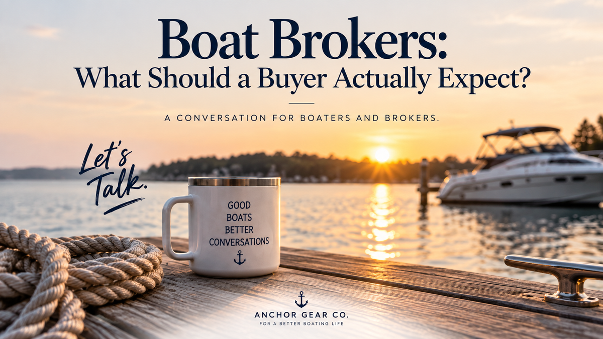Blog post cover image for Boat Brokers: What Should a Buyer Actually Expect? featuring an Anchor Gear Co. branded mug on a dock at sunset