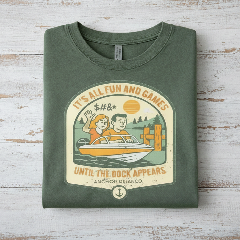 Folded green t-shirt with a graphic design on a wooden surface