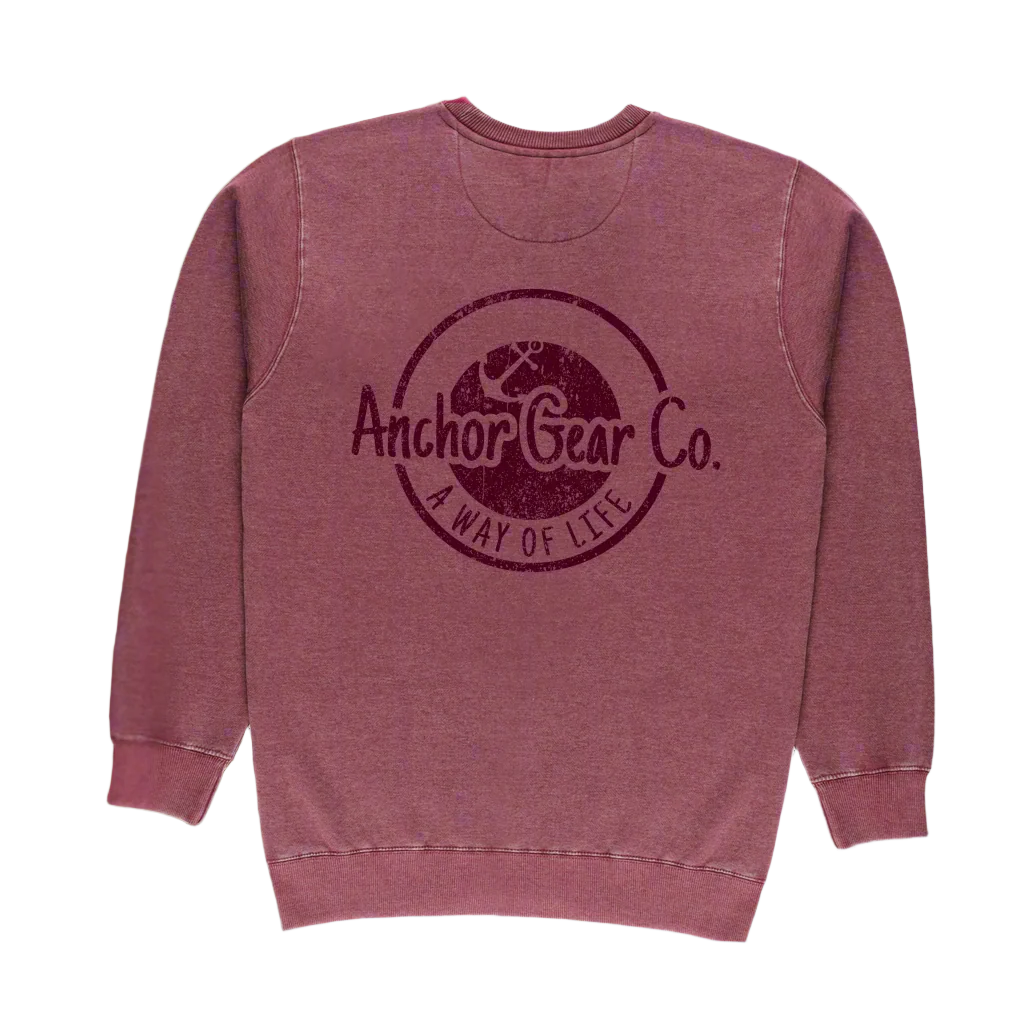 Maroon sweatshirt with 'Anchor Gear Co.' logo on the back against a white background