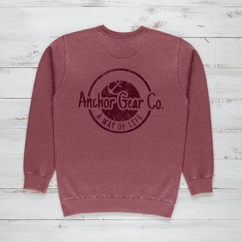 Maroon sweatshirt with 'Anchor Gear Co.' logo on the back against a white background