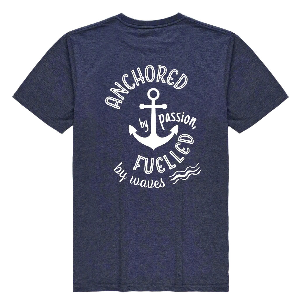 Navy blue t-shirt with white anchor design and text against a white background