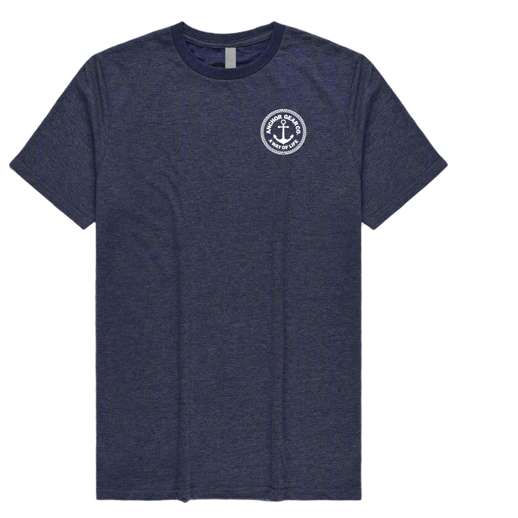 Navy blue t-shirt with a white logo on a white background