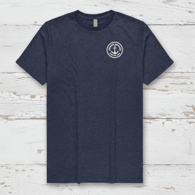 Navy blue t-shirt with a white logo on a white background
