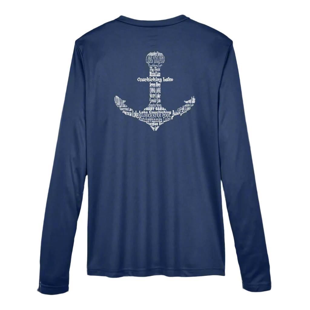 Navy long-sleeve shirt with a navy anchor logo on the left chest. The anchor design is formed by the names of lakes from Lake Ontario to Georgian Bay, wrapping around and inside the anchor shape.