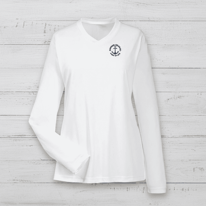 White long-sleeve shirt with a blue anchor logo on a white background