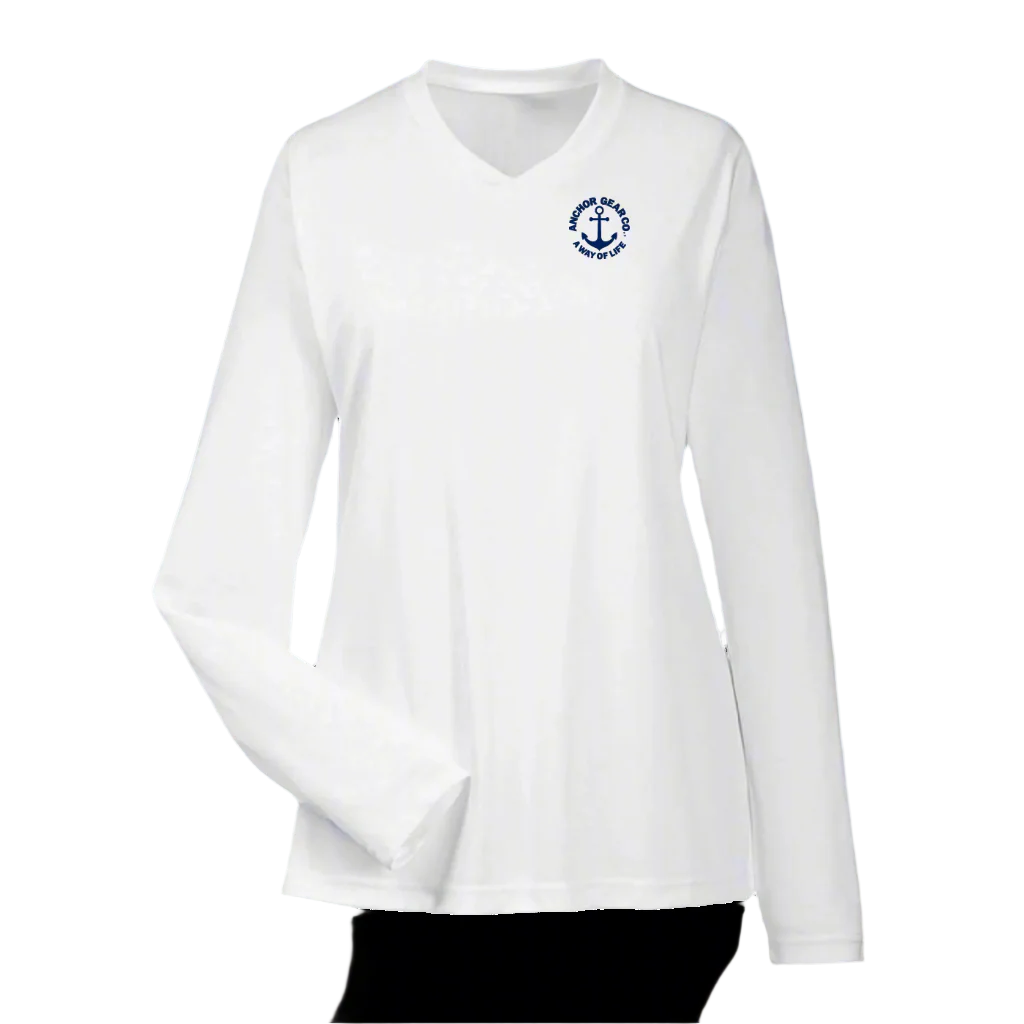White long sleeve performance shirt with anchor logo on left chest.