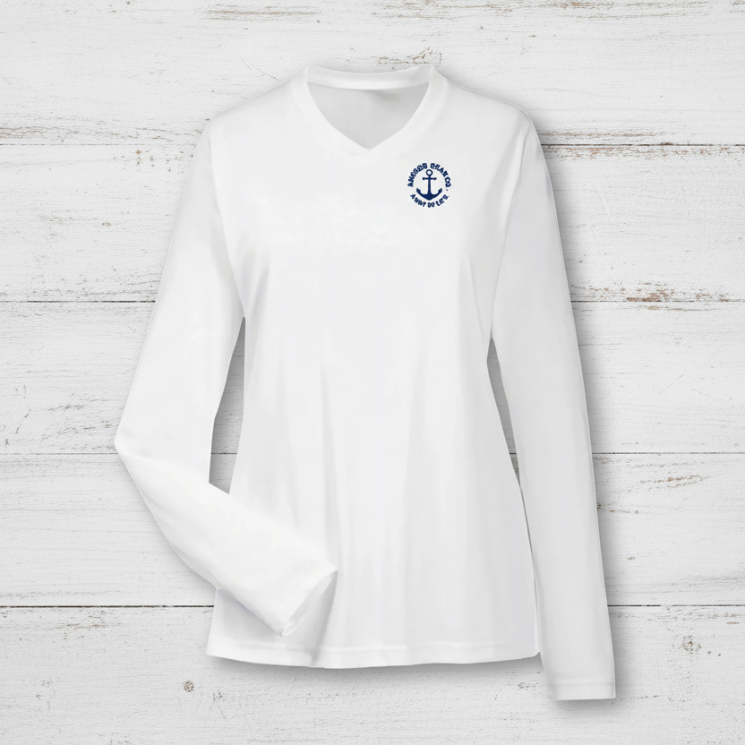 White long sleeve performance shirt with anchor logo on left chest.