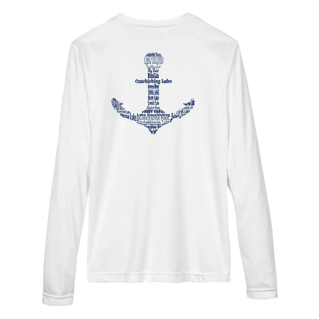 White long-sleeve shirt with a navy anchor logo on the left chest. The anchor design is formed by the names of lakes from Lake Ontario to Georgian Bay, wrapping around and inside the anchor shape.