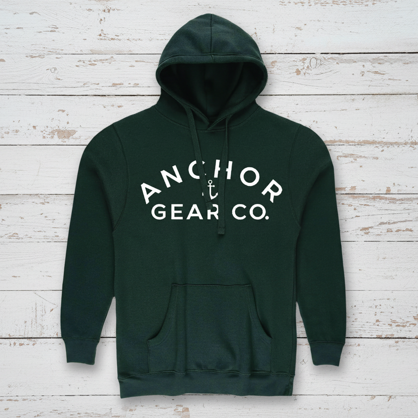 Dark green hoodie with 'Anchor Gear Co.' logo on a white background