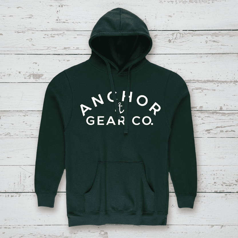 Dark green hoodie with 'Anchor Gear Co.' logo on a white background