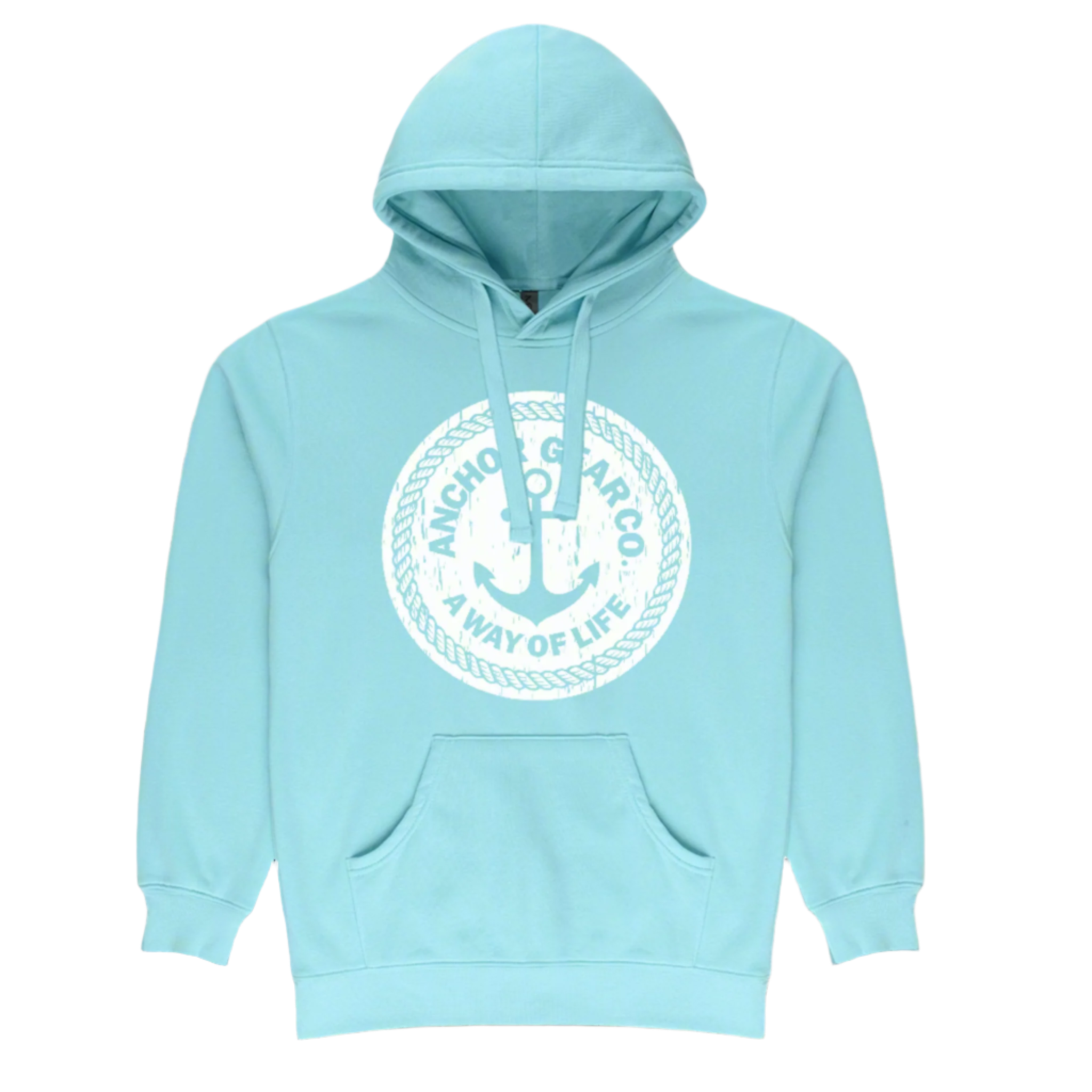 A mint hoodie featuring a central logo on the chest that contains an anchor and the text 'A Way of Life' surrounding a circular frame.