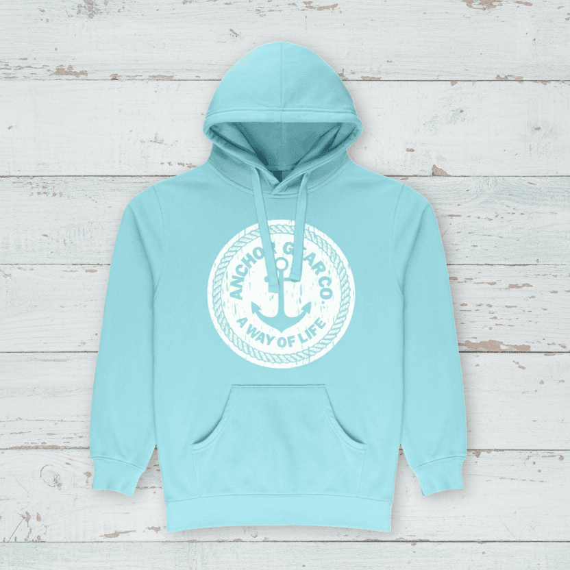 A mint hoodie featuring a central logo on the chest that contains an anchor and the text 'A Way of Life' surrounding a circular frame.