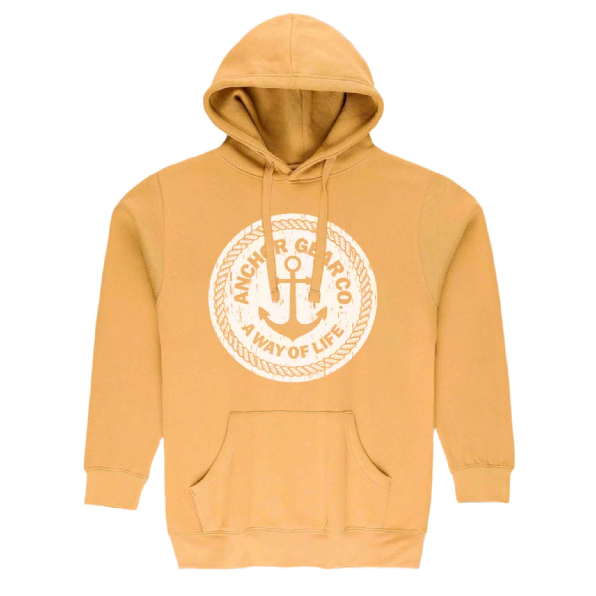 A mustard hoodie featuring a central logo on the chest that contains an anchor and the text 'A Way of Life' surrounding a circular frame.