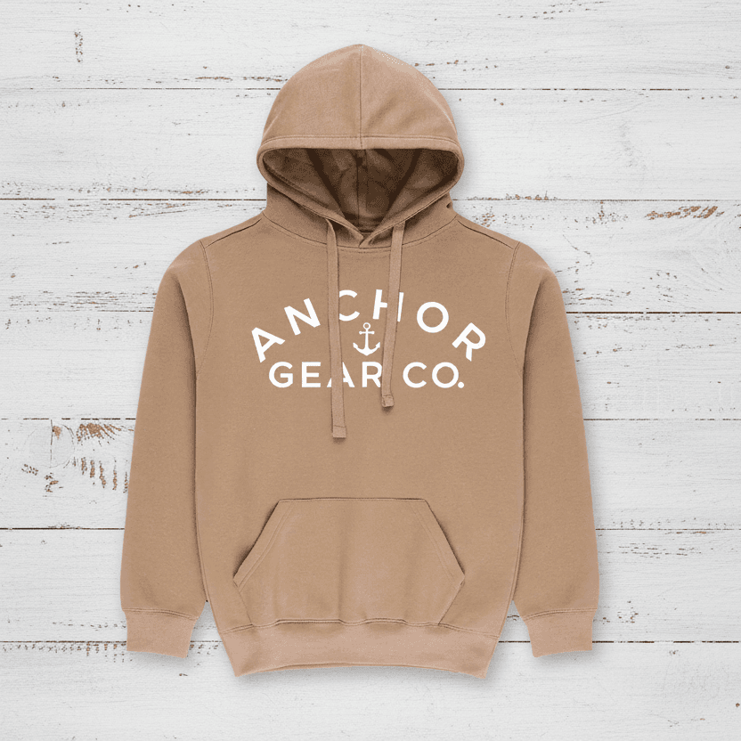 Beige hoodie with 'Anchor Gear Co.' logo on a white background