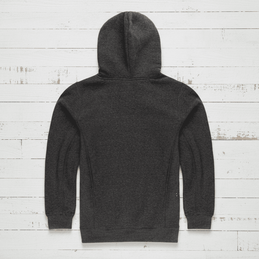 Sowing the back of a Charcoal grey hoodie, no design n the back.