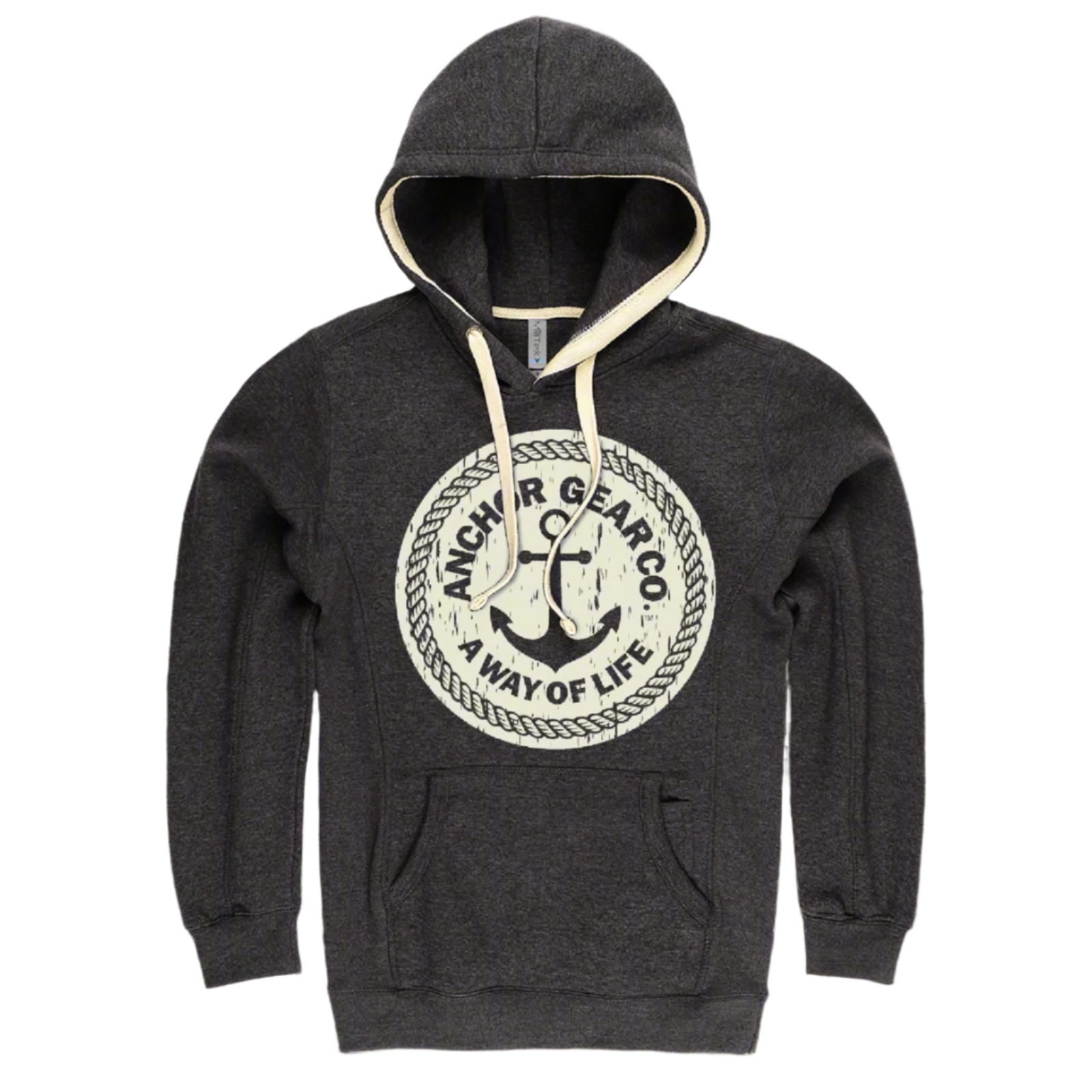 A gray hoodie with a hood, featuring a vintage anchor logo in a larger circle, with a smaller circle inside it containing the text 'A WAY OF LIFE'. The hoodie appears to have a front pocket with a cell phone pocket