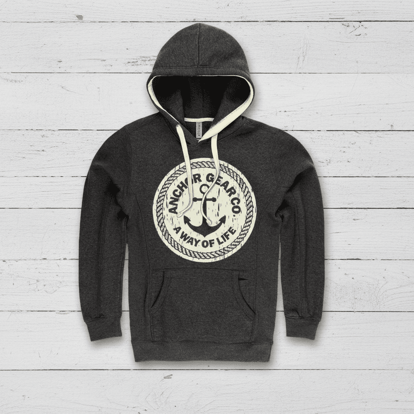 A gray hoodie with a hood, featuring a vintage anchor logo in a larger circle, with a smaller circle inside it containing the text 'A WAY OF LIFE'. The hoodie appears to have a front pocket with a cell phone pocket