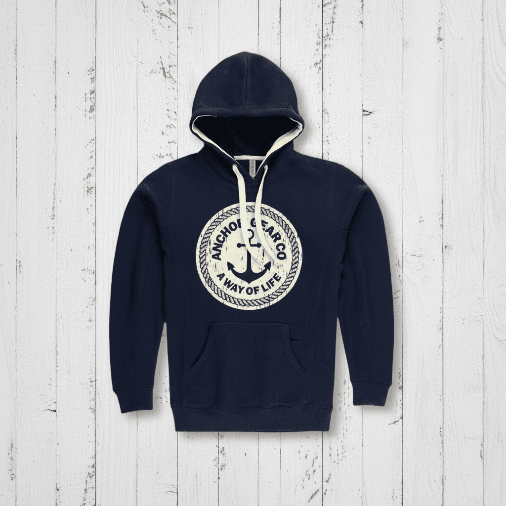 A navy blue hoodie with a hood, featuring a vintage anchor logo in a larger circle, with a smaller circle inside it containing the text 'A WAY OF LIFE'. The hoodie appears to have a front pocket and is displayed against a wooden background.