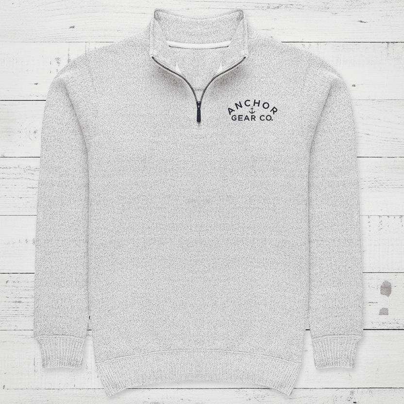 Gray sweater with 'Anchor Gear Co.' logo on a white background
