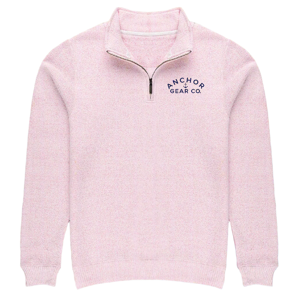 Pink half-zip sweater with 'Anchored Gear Co' logo on a white background