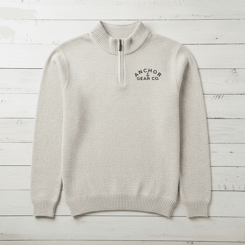 Beige sweater with 'Anchor Gear Co' logo on a white background