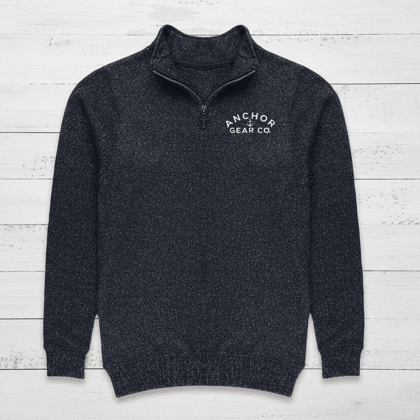Dark gray sweater with 'Anchor Gear Co' logo on a white background