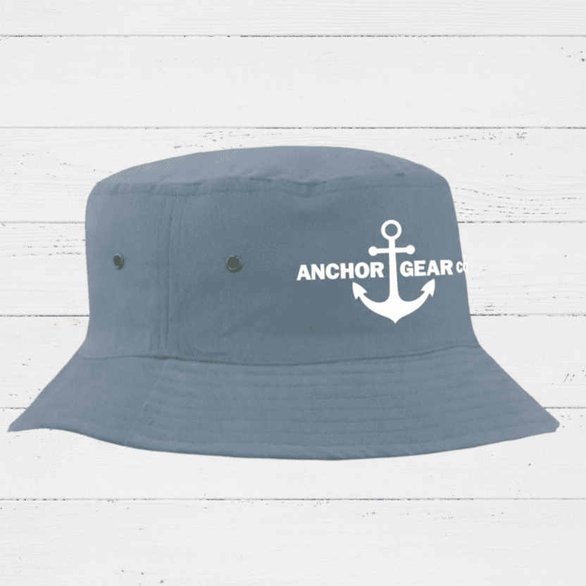 A blueberry coloured bucket hat with 'Anchor Gear' logo and an anchor symbol on it.