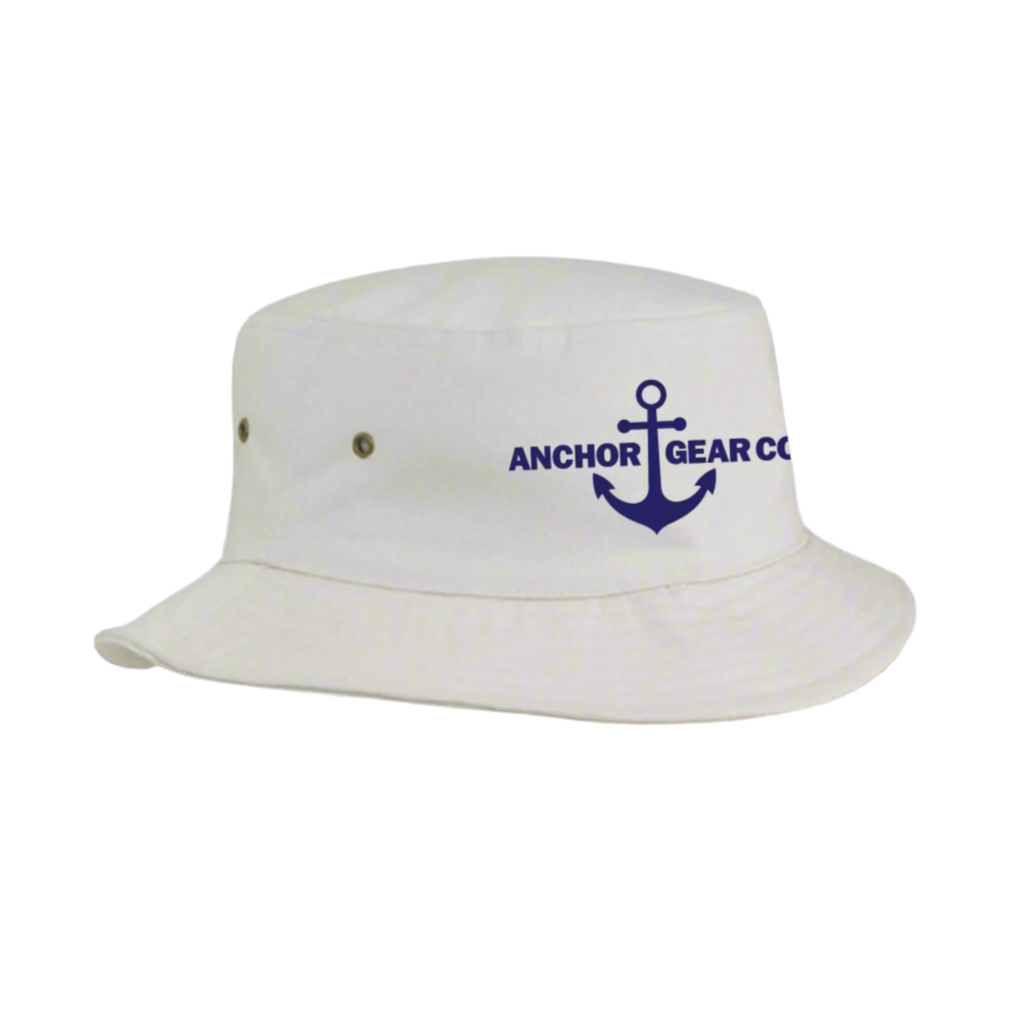 White bucket hat with 'Anchor Gear Co' logo.