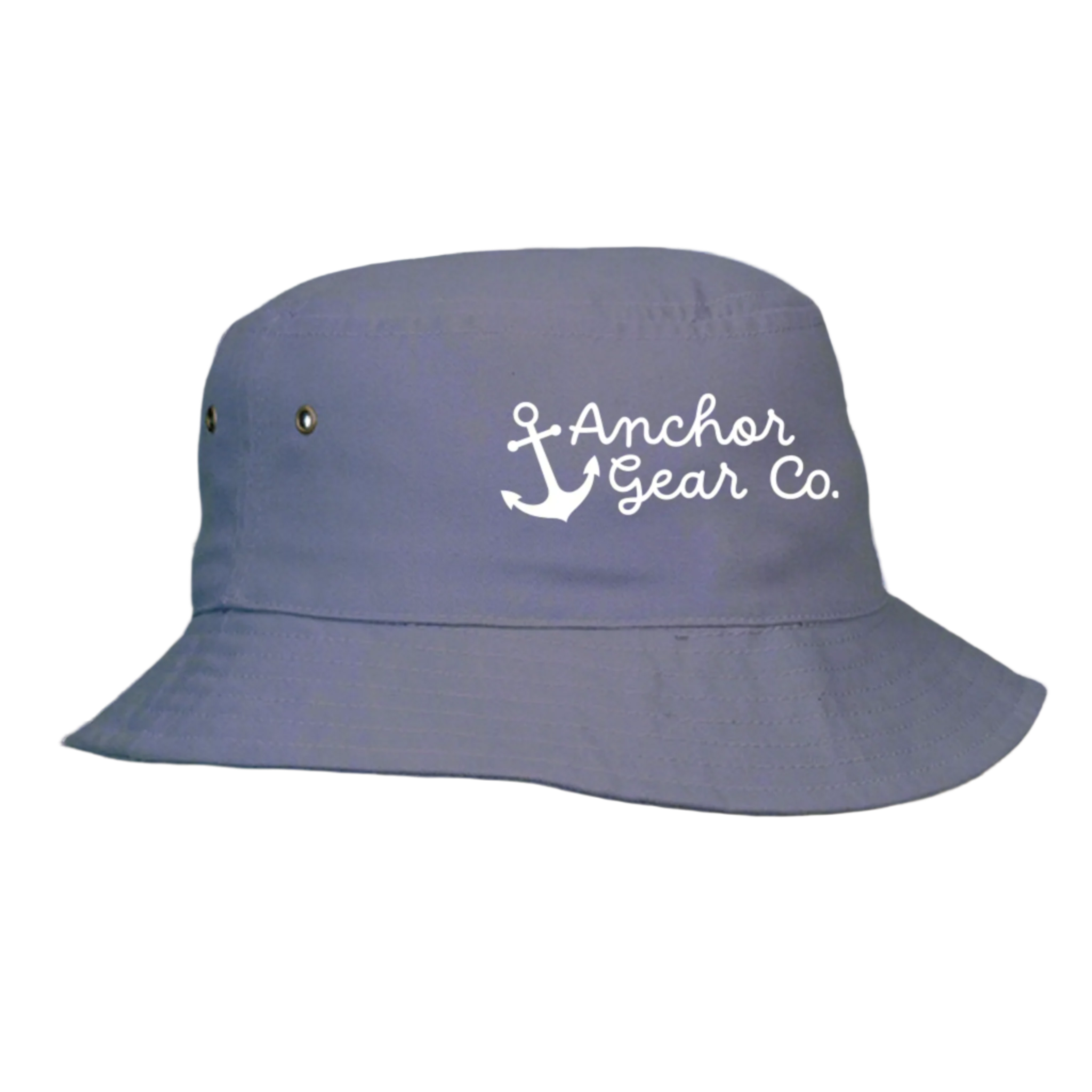A blueberry coloured Youth Nautical Bucket Hat with a whimsical Anchor Gear Co. logo on the front, displayed on a wooden surface.