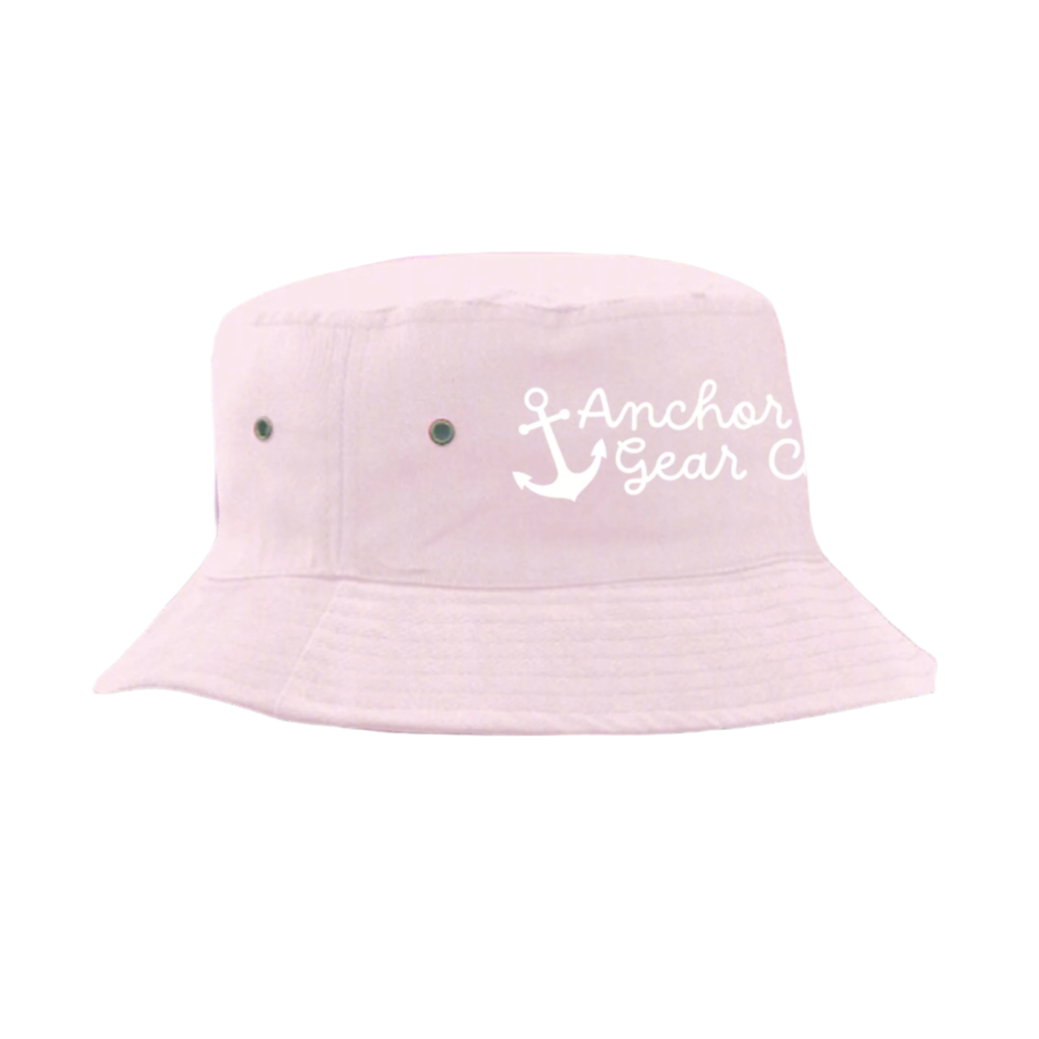 A pink Youth Nautical Bucket Hat with a whimsical Anchor Gear Co. logo on the front, displayed on a wooden surface.
