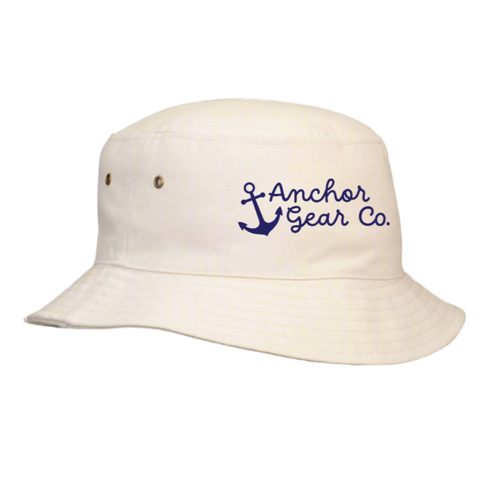 A pink Youth Nautical Bucket Hat with a whimsical Anchor Gear Co. logo on the front, displayed on a wooden surface.