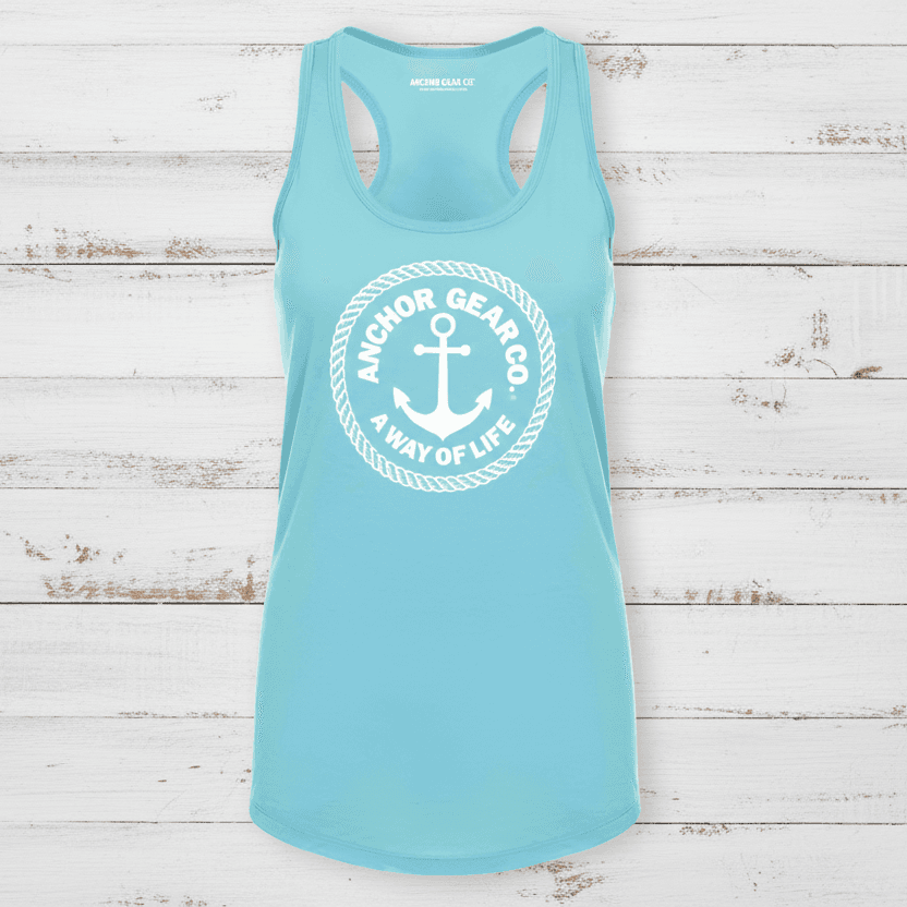 Light blue tank top with white anchor graphic and text on a white background