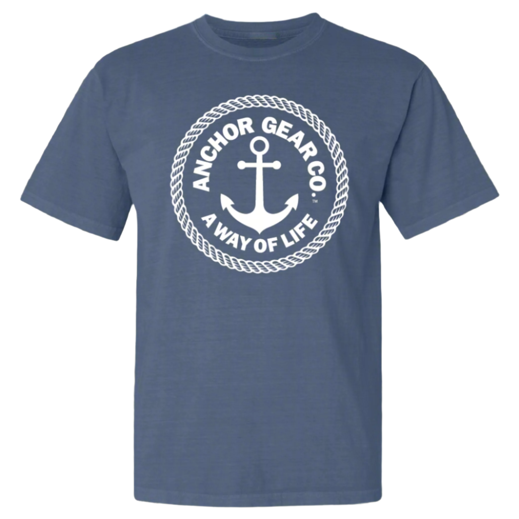 A blue crew neck t-shirt with the Anchor Gear Co. logo printed in the centre, displayed on a white background.