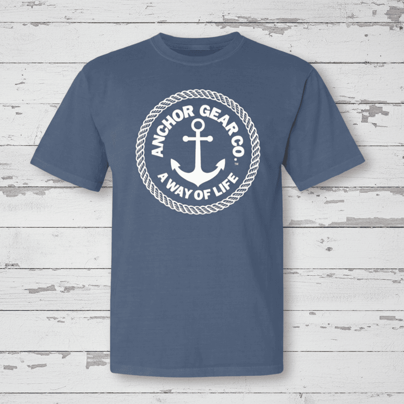 A blue crew neck t-shirt with the Anchor Gear Co. logo printed in the centre, displayed on a white background.
