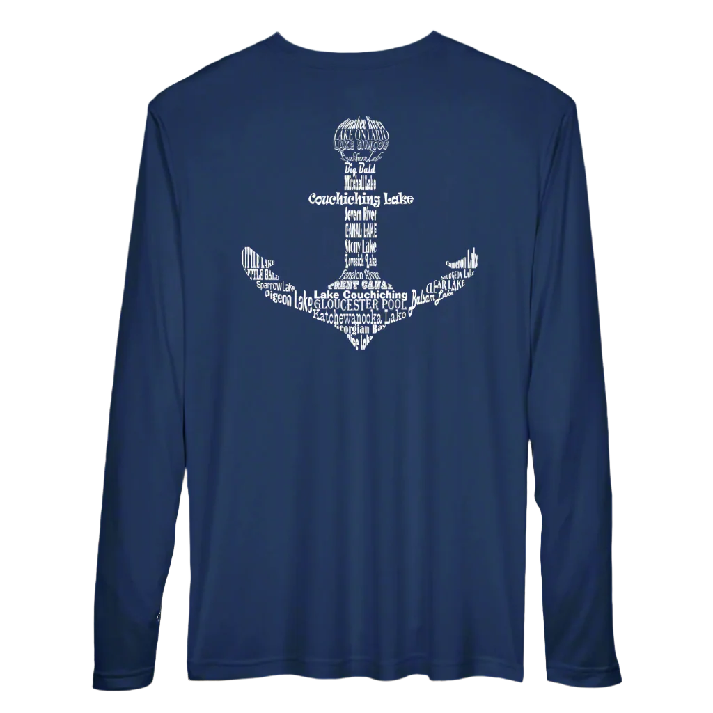 Nay performance shirt with an anchor on the back. The Anchor if formed by the names of the lakes from Lake Ontario to Georgian Bay.