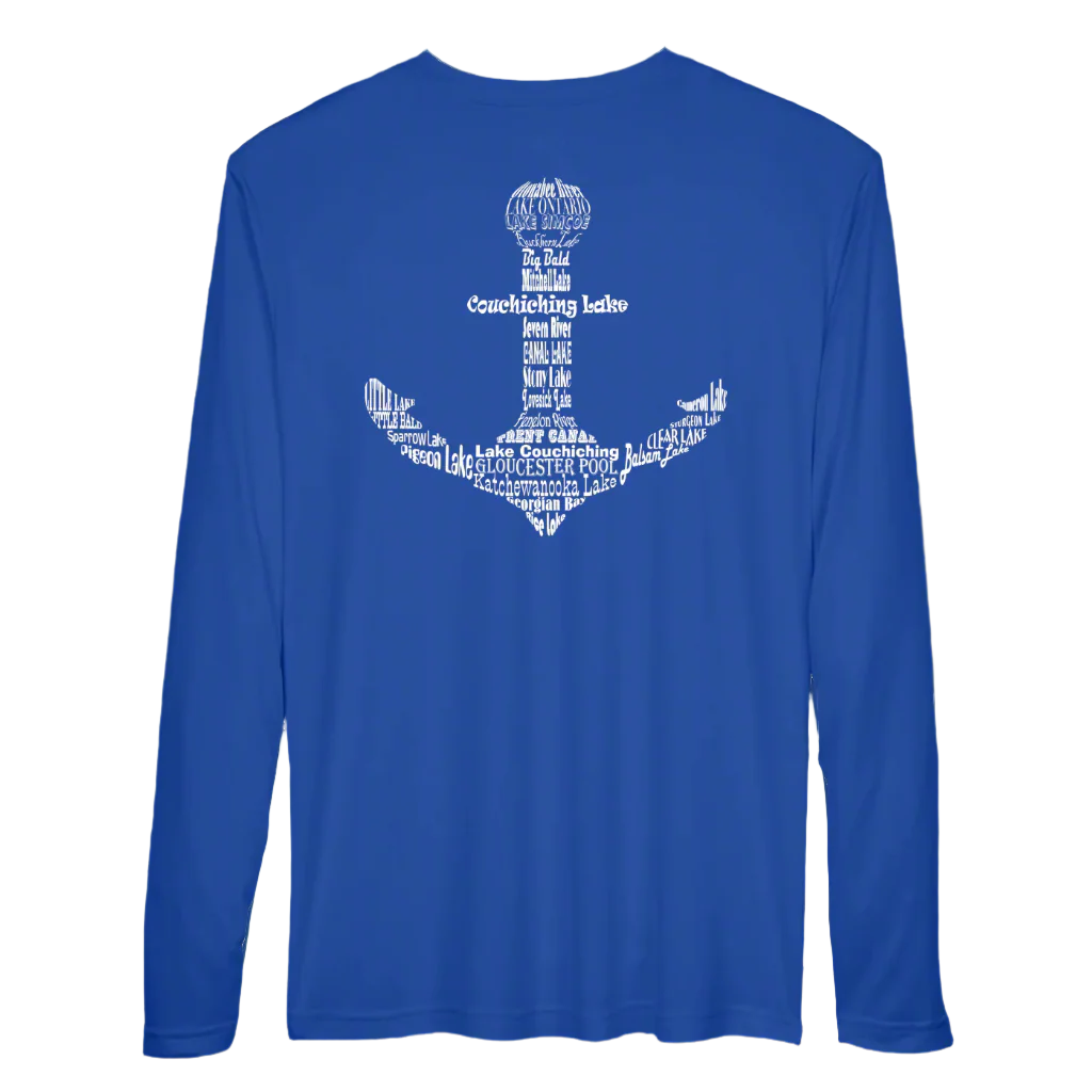 Royal blue log sleeve performance shirt with Anchor on back. The Anchor design is formed by all the names of the lakes from Lake Ontario to Georgian Bay