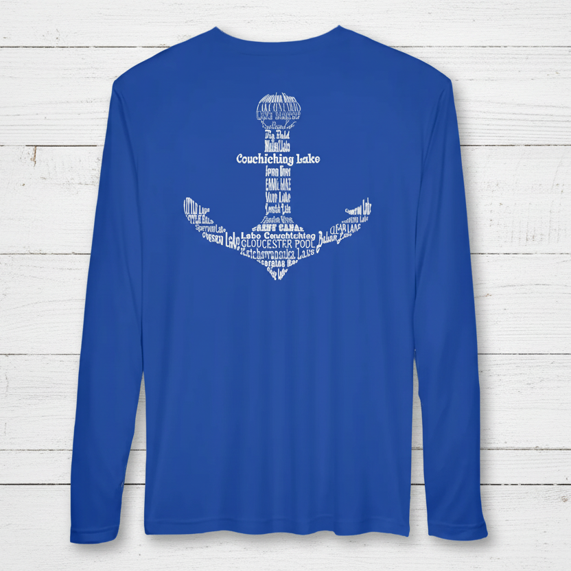 Royal blue log sleeve performance shirt with Anchor on back. The Anchor design is formed by all the names of the lakes from Lake Ontario to Georgian Bay