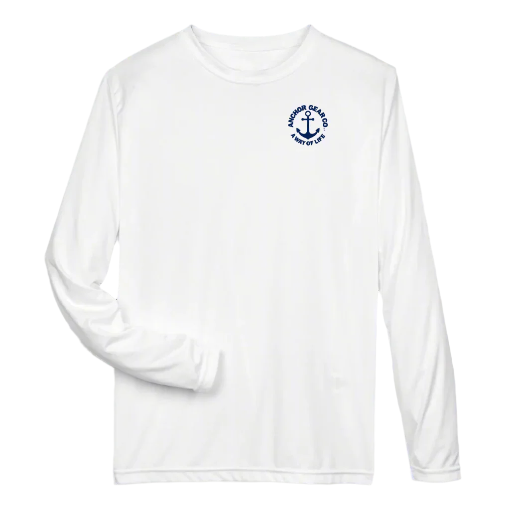 A white long sleeve performance shirt with a anchor design on the chest, displayed on a off white background