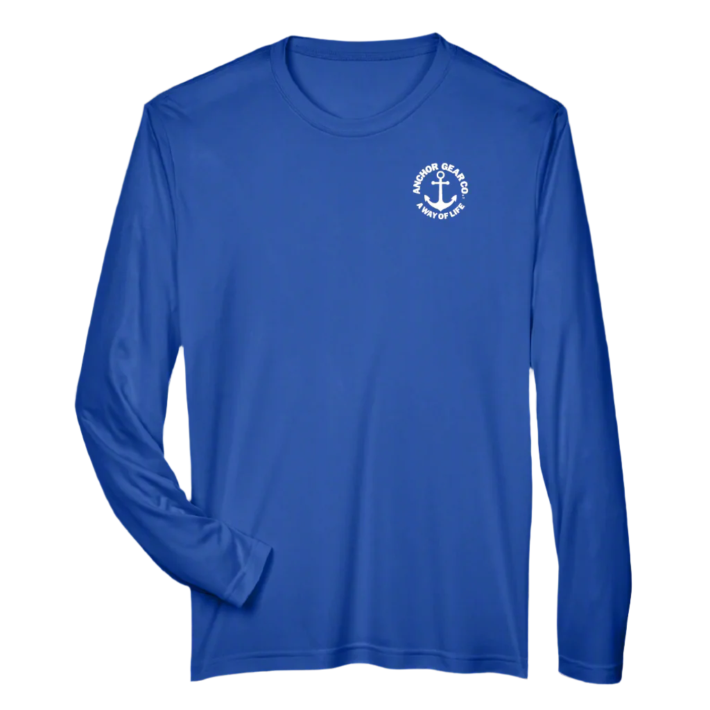 A royal blue long sleeve performance shirt with a anchor design on the chest, displayed on white background