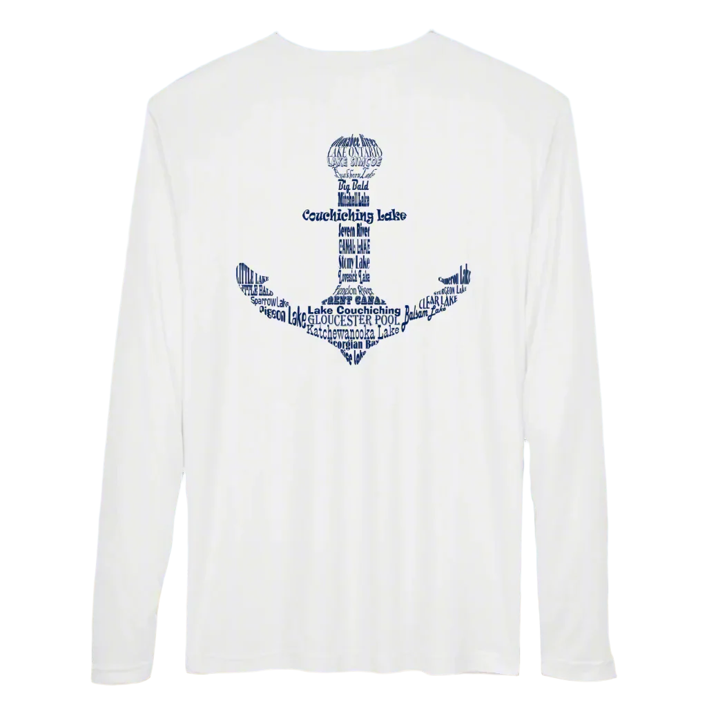 White long sleeve performance shirt with anchor on the back. The anchor design is formed by the name of the lakes from Lake Ontario to Georgian Bay.