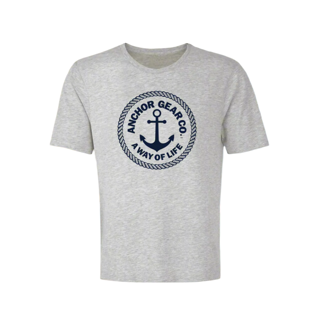 Grey t-shirt with navy anchor logo on a white background