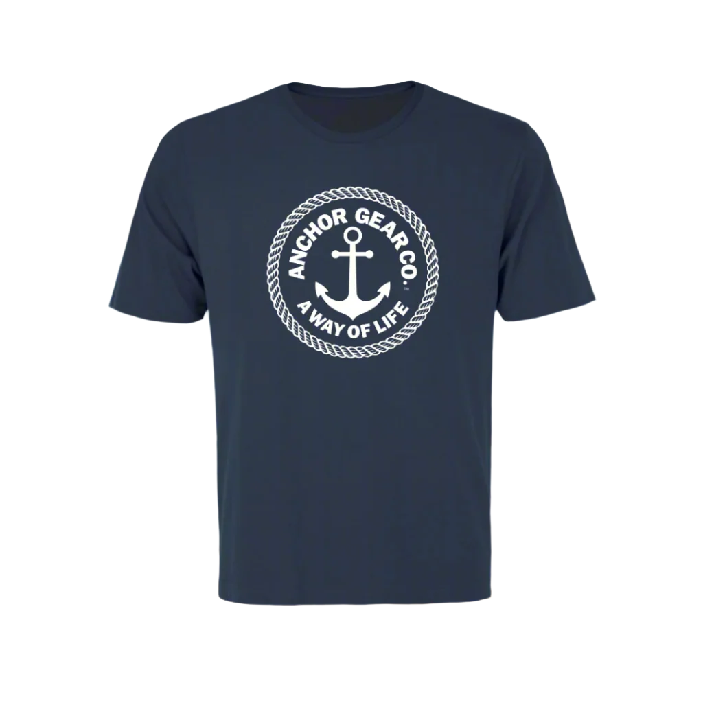 A Navy men's t-shirt with the Anchor Gear Co. logo and the text 'A Way of Life' printed on the front.