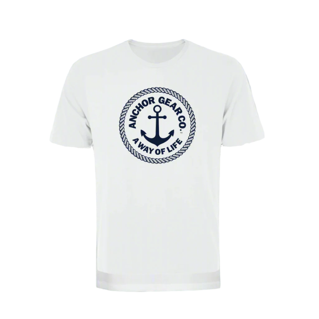 A white men's t-shirt with the Anchor Gear Co. logo and the text 'A Way of Life' printed on the front.