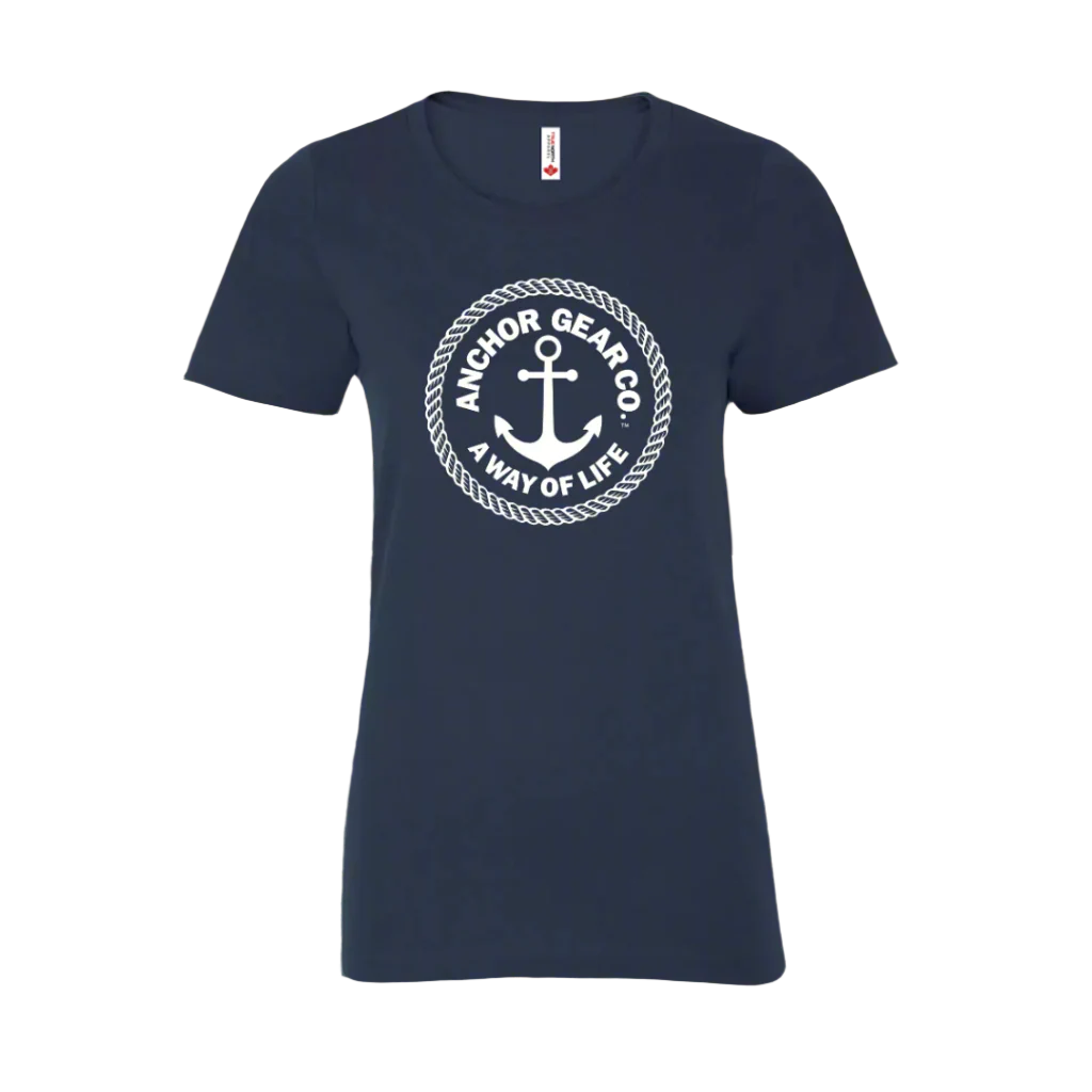 Navy blue t-shirt with white anchor graphic and text on a white background