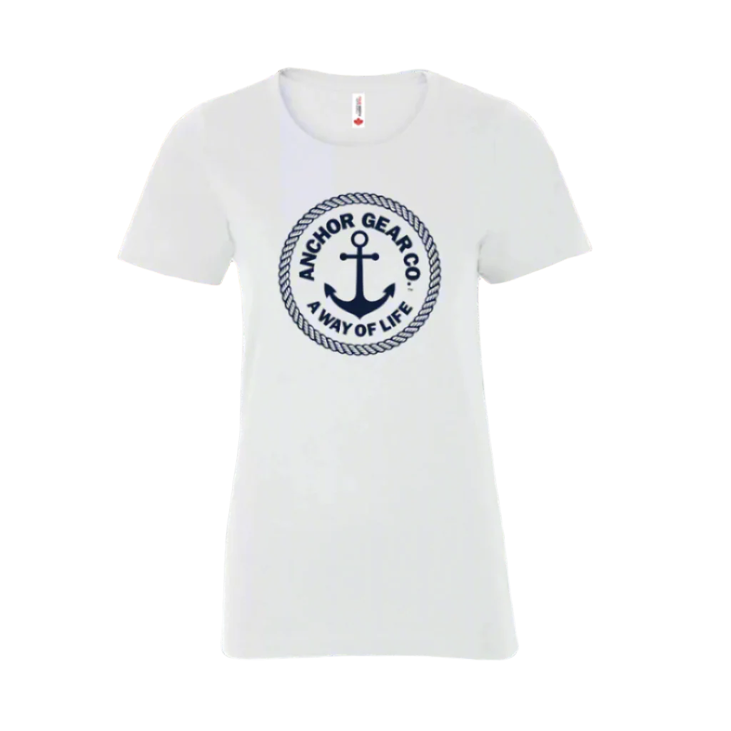A white woman's t-shirt with the 'Anchor Gear Co. A Way of Life' logo printed on the front.