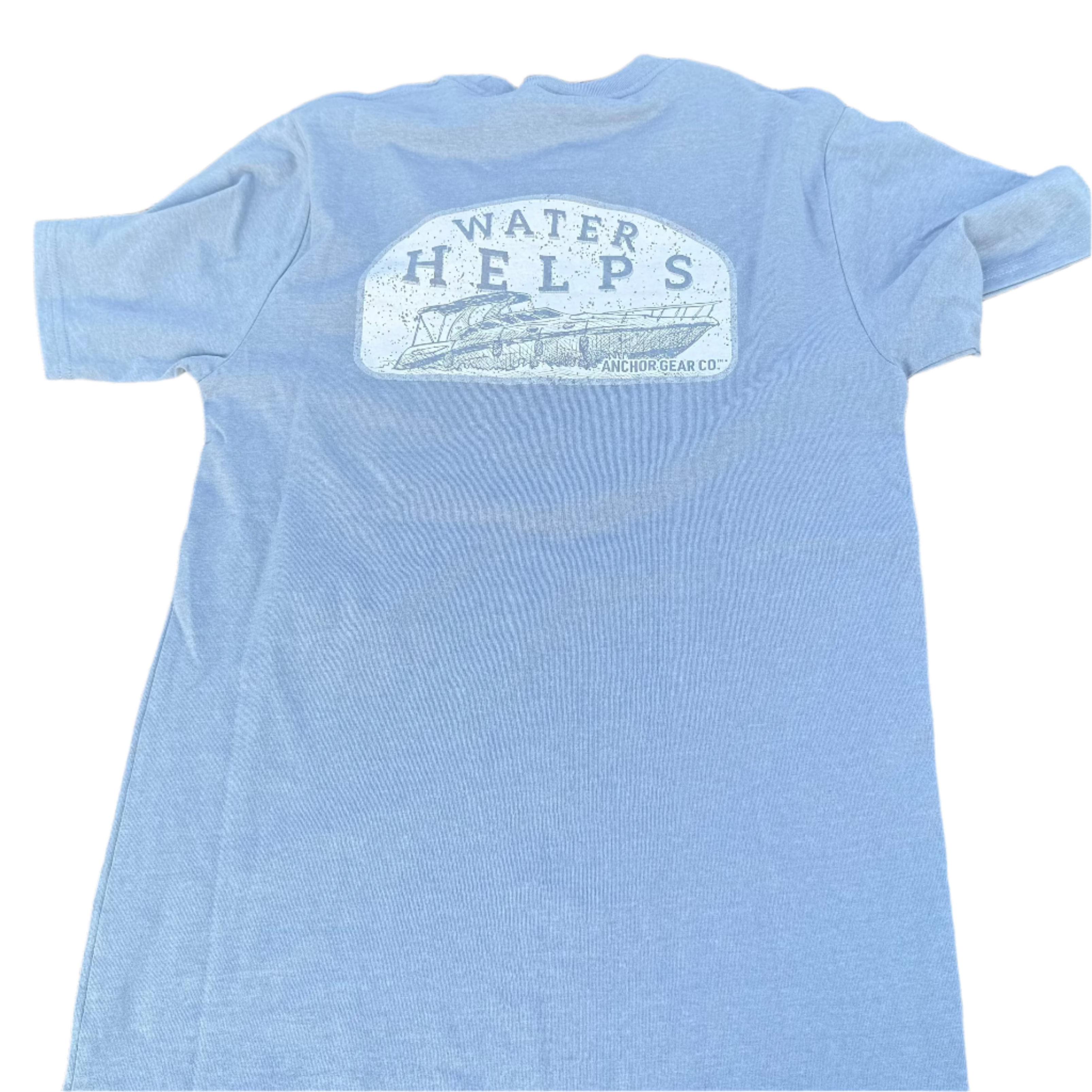 Light blue t-shirt with 'Water Helps' graphic on a white background