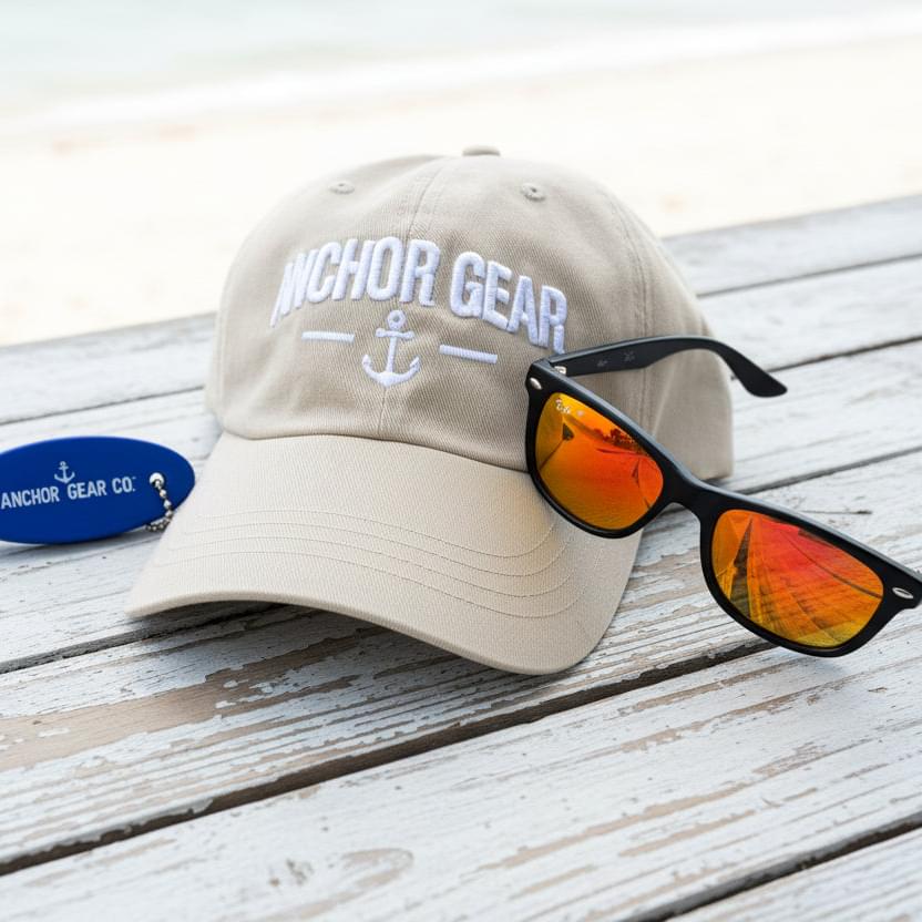 Beige cap with 'Anchor Gear' logo and sunglasses on a rock by a lake