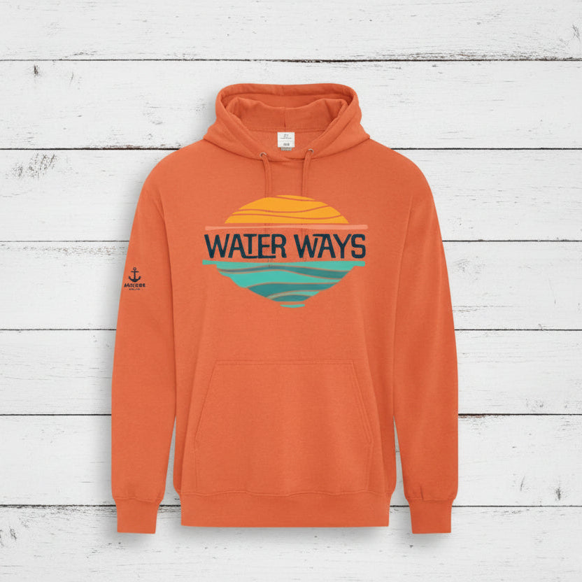 Orange hoodie with 'Water Ways' logo on a wooden surface
