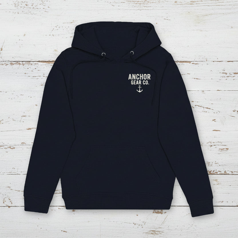 Black hoodie with 'Anchor Gear Co.' logo on a white background