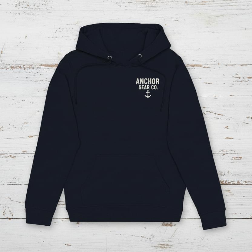 Black hoodie with 'Anchor Gear Co.' logo on a white background